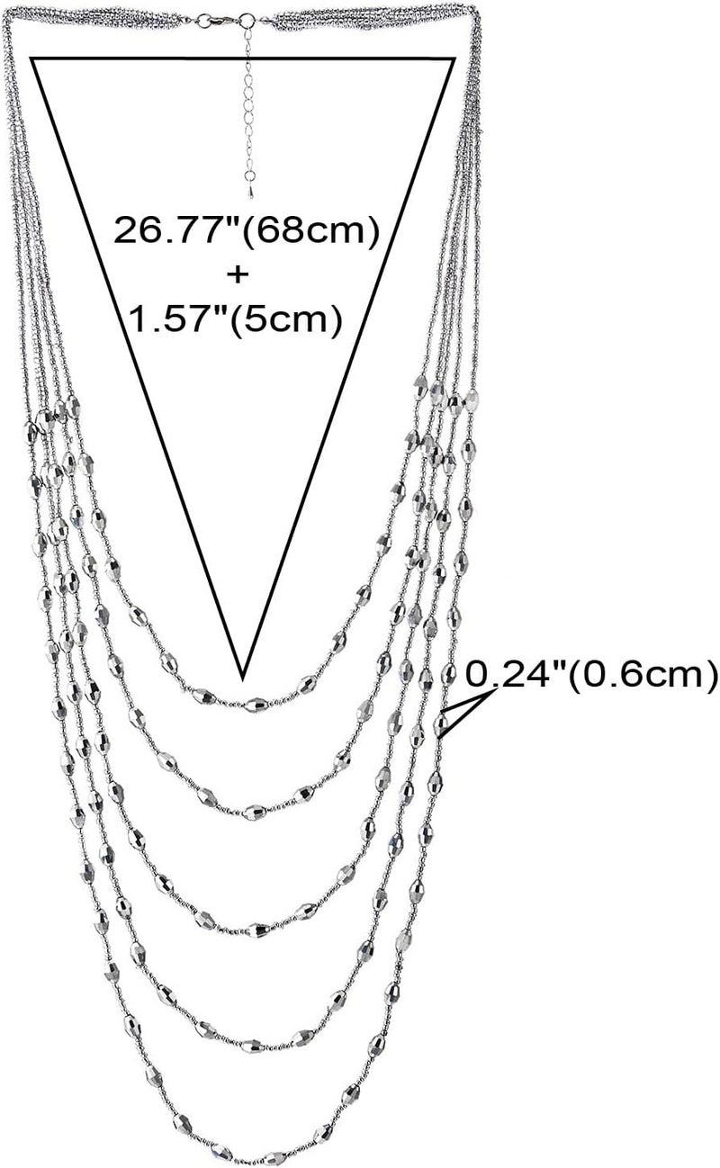 COOLSTEELANDBEYOND Oval Beads Statement Necklace Multi-Strand Long Chains with Crystal Charm Pendant - Image 3